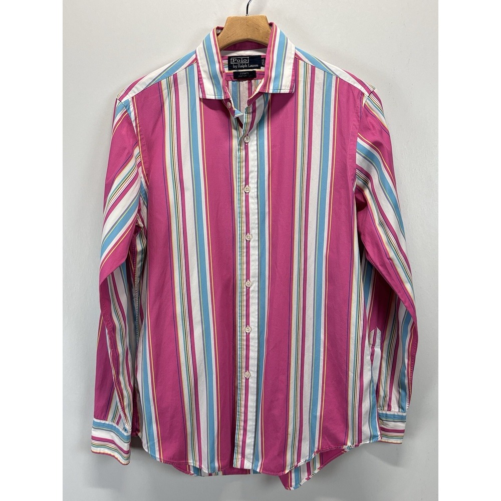 Vtg Polo Ralph Lauren Pink Striped Button Up Shirt Sz 15.5 Medium Men's Estate